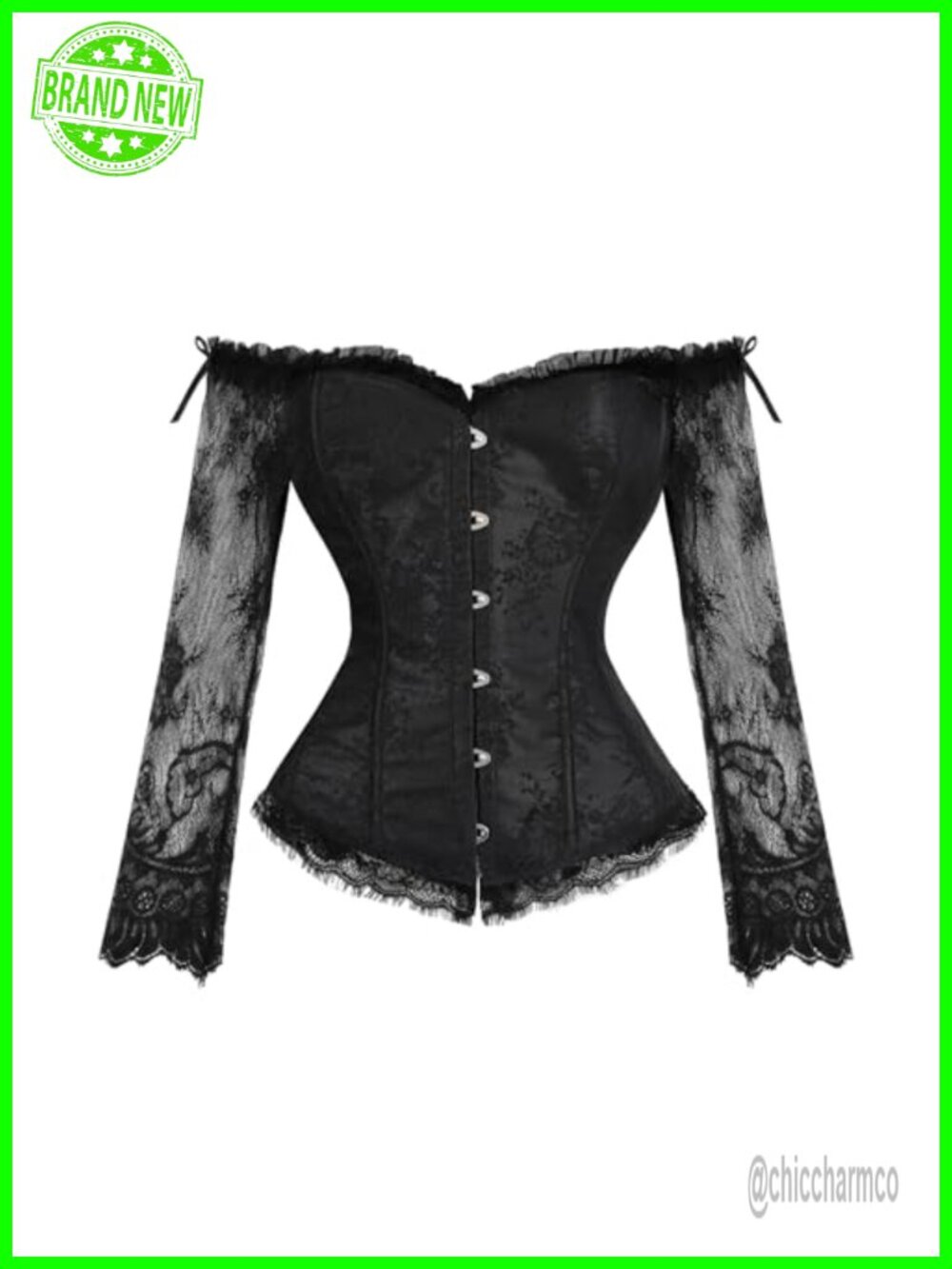 Emprier Lace Corset Top Long Sleeve Off Shoulder Bustier Gothic Steampunk
